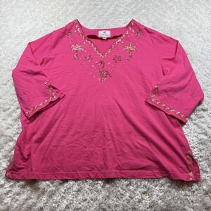 Quacker Factory Womens 3X Flamingo Palm Tree Sequin Beach Tunic Summer Blouse